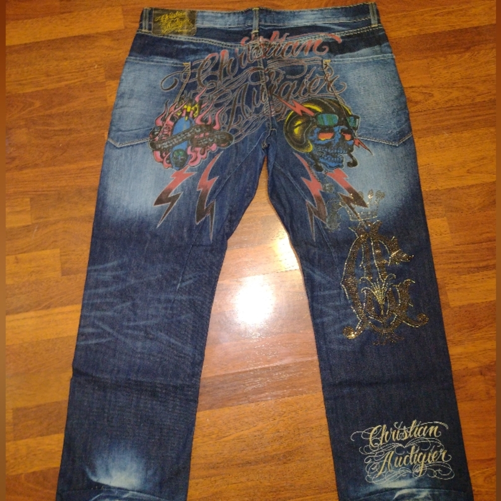 Christian Audigier Gold and Blue Relaxed Jeans with Ornate Embroidery